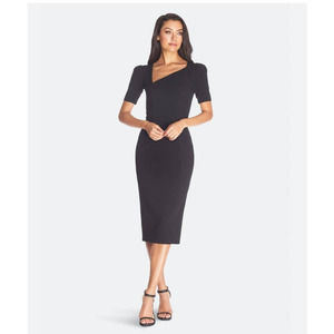 Dress The Population Ruth Dress Black Sheath Cocktail Midi Asymmetrical Neck XXS